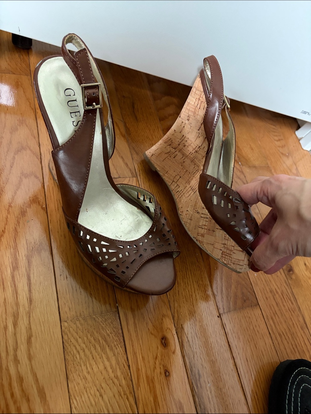 GUESS Brown Leather Cork Wedge Sandals